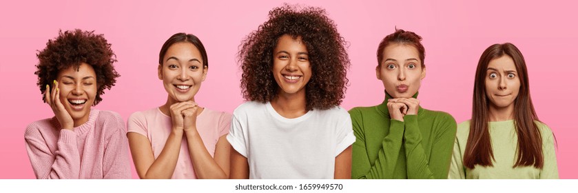 Portrait five diverse women smile positively, being in good mood, have happy faces, pose delighted against rosy background. Collage of female best friends gather together. Set of multiracial people