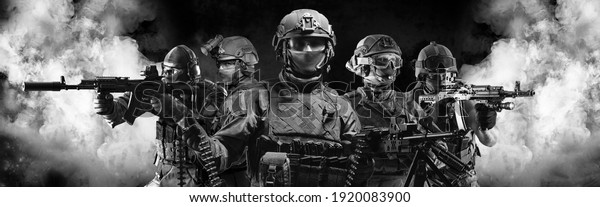 Portrait of five military men. A group of\
soldiers on a background of smoke. The concept of military\
operations, special operations, paintball. Mixed\
media