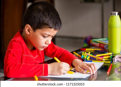 portrait of a five year old Indian boy wearing a red t shirt  having fun while coloring a sketch using colorful pens, being creative and artistic clicked in available or ambient daylight from an open 