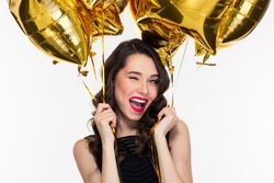 Portrait Of Flirty Attractive Winking Curly Retro Styled Woman With Golden Balloons