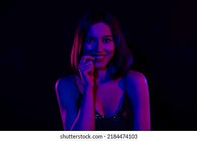 Portrait Of Flirty Stylish Lady Biting Her Nail Finger Flirting With Handsome Man Dance Floor Disco Hall Nightclub