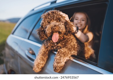 Portrait Fluffy brown Maltipoo dog with smiling little girl looking out from an open car window while they sitting in back seat during car journey. Funny pets in a modern family concept. - Powered by Shutterstock