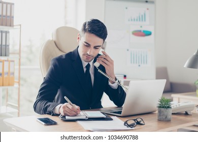 Portrait of focused confident concentrated smart intelligent clever busy expert specialist assistant giving recommendations advice to clients organizing meetings writing information to notepad - Powered by Shutterstock