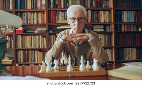 Portrait of focused senior man with crossed hands sitting behind chess board in a library - Powered by Shutterstock