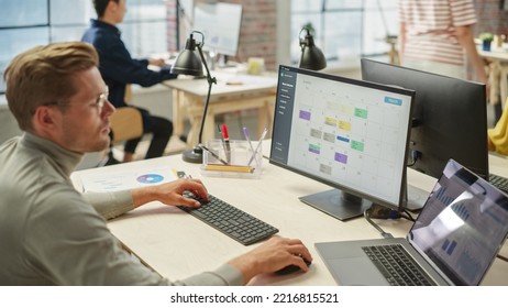 Portrait of Focused Young White Man in Office Working on a Computer Calendar. Male Team Lead Checking Data and Preparing a Schedule. - Shutterstock ID 2216815521