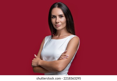 Portrait Formal Woman Isolated On Red Background. Woman In Formal Dress. Studio Shot
