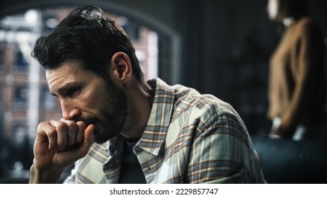 Portrait of Fragile Crying Man being Harrased and Bullied by Partner. Couple Arguing and Fighting Violently. Domestic Violence, Emotional Abuse, Toxic Behavior. Rack Focus with Girfriend Screaming - Shutterstock ID 2229857747