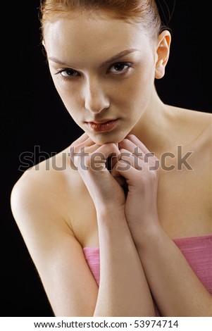 Similar – Image, Stock Photo Portrait of a young, very short-haired woman wearing an off-the-shoulder top through which you can see her nipples