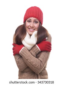 Portrait Of Freezing Pretty Woman Isolated On White.