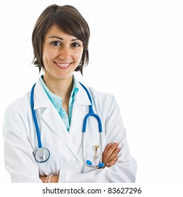 Portrait Of A Friendly Female Doctor Isolated On White