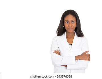 Portrait of friendly smiling doctor, confident pharmacist, happy scientist researcher woman or nurse isolated white background with copy space. Positive human emotions face expression. Patient care.