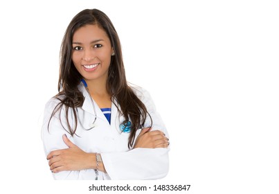 Portrait Of A Friendly Smiling Doctor Woman Or Nurse Isolated On White Background With Copy Space 