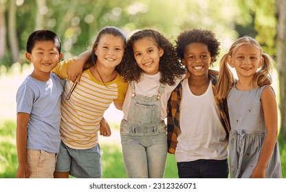 Portrait, friends and children standing in a line together outdoor, feeling happy while having fun or playing. Diversity, school and smile with kids in a row, posing arm around outdoor in a park - Powered by Shutterstock