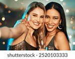 Portrait, friends and selfie with champagne at nightclub for birthday celebration, social reunion or photography. Happy, women and embrace with alcohol for social media post of new years memory