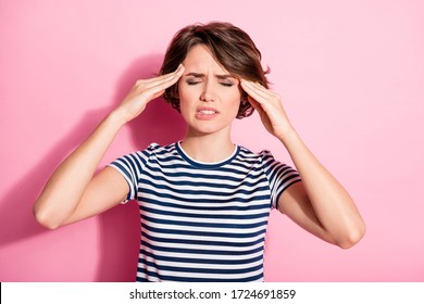 Portrait Of Frustrated Negative Girl Suffer From Hyper Tension Migraine Touch Hands Forehead Wear Good Look Clothes Isolated Over Pastel Color Background