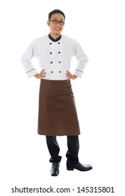 Portrait Of Full Body Asian Male Chef, Standing Isolated On White Background