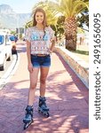 Portrait, fun and woman with smile for roller skate adventure, outdoor hobby and relax on boardwalk. Summer, confident and happy girl on sidewalk with rollerblades, holiday travel and beach vacation