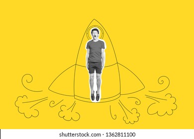 Portrait Funky He His Him Guy Jump Fly Unexpected Trip Rocket Omg Wow Futuristic Stylized Illustration Cartoon Style Design Scream Shout Yell Painted Into Grey Isolated Yellow Drawing Background