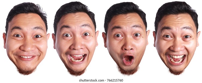 Portrait Of Funny Asian Man Facial Expressions Isolated On White, Happy Smiling Excited Shocked Face