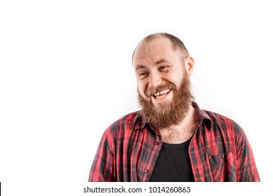 Portrait Of Funny Bold Ginger Bearded Man In Red Check Shirt Smiling Or Laughing And Looking Aside Isolated On White Background