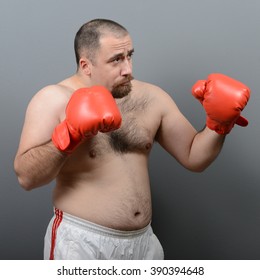 Portrait Of Funny Fat Boxer Against Gray Background