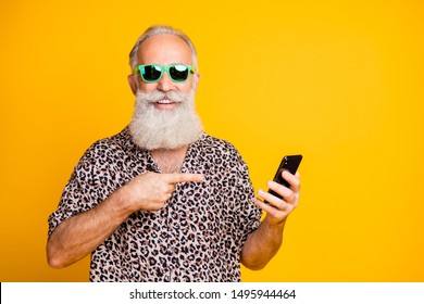 Portrait  of funny funky old bearded hipster use point his cellphone  find online sales discounts apps on summer holidays wear leopard shirt isolated over yellow background