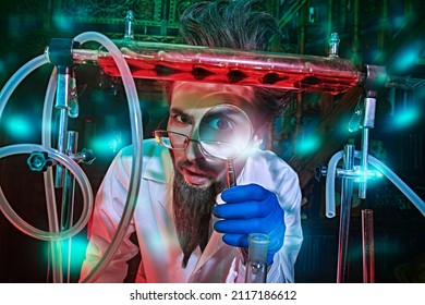 Portrait of a funny mad scientist conducting scientific experiments in the laboratory and looking at the camera through a magnifying glass. Fantasy, science fiction novel.