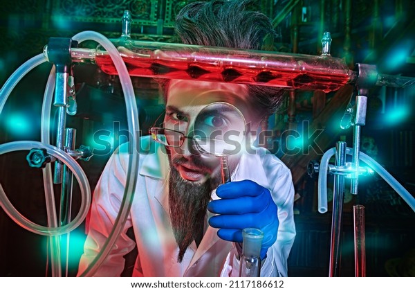 Portrait of a funny mad\
scientist conducting scientific experiments in the laboratory and\
looking at the camera through a magnifying glass. Fantasy, science\
fiction novel.