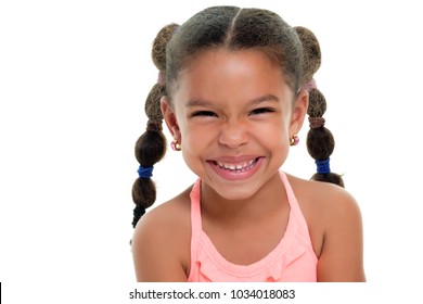 Portrait of a funny multiracial small girl smiling  - Isolated on a white background - Powered by Shutterstock