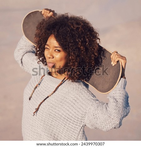 Portrait, funny and woman with skateboard in city in summer for sport, exercise or leisure outdoor. Tongue out, face and person wink at skate park in casual clothes for trendy fashion in South Africa