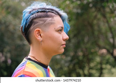 Portrait Of Gay Woman With Stylish Short Blue Hair.