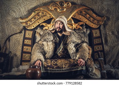 Portrait Of Genghis Khan Or Chinggis Khaan In Warriors Traditionally Wearing Typical Mongolian Dress Culture Of Mongolia