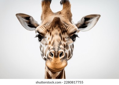 Portrait of a giraffe on a white background.