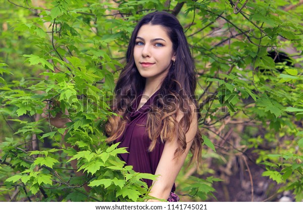 Portrait Girl Blue Eyes Foliage Ombre Stock Photo Edit Now