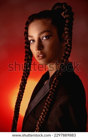 Portrait, girl with braids, beautiful glamorous woman, neon ligh
