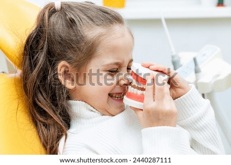 Portrait of a girl holding a model of a jaw with teeth while sitting in a dental office, playing and grimacing. Children's dentistry. Children's teeth care.