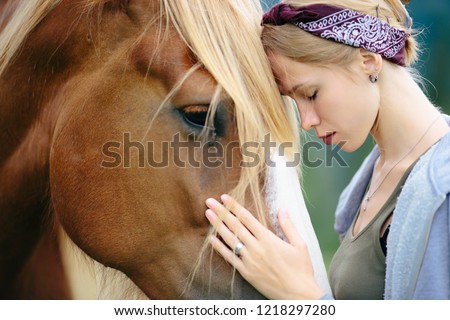 Portrait of girl and horse, Horse Jaw, Beautiful girl and Horse. young girl and Head of horse
