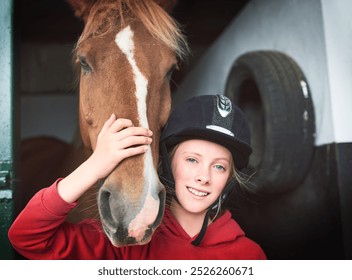 Portrait, girl and horse rider with happiness, pride and affection for equestrian, care and training on farm. Female person, teenager and animal in support, love and bonding for sports or competition - Powered by Shutterstock