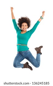 Portrait Of Girl Jumping In Joy Isolated Over White Background