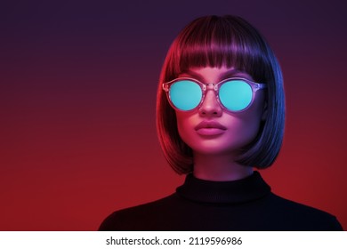 Portrait Of A Girl In Neon Light. Blue Cyberpunk Sunglasses.