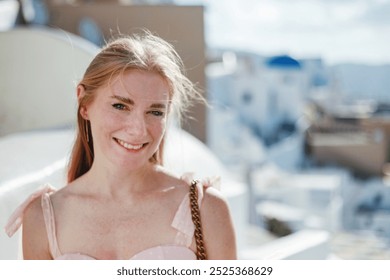 Portrait of girl in pink dress walks through the narrow streets of Santorini, Greece, Europe - Powered by Shutterstock