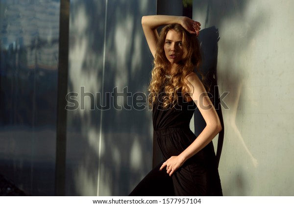 Portrait Girl Posing Next Wall Black Stock Photo Edit Now