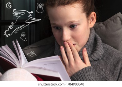 Portrait Of A Girl Reading Very Interesting And Scary Book