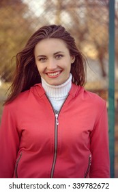 Portrait Of A Girl In A Red Track Suit Made In Vintage Style