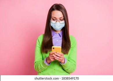 Portrait Of Girl In Respiratory Mask Use Cellphone Social Network Corona Virus News Isolated Pastel Color Background