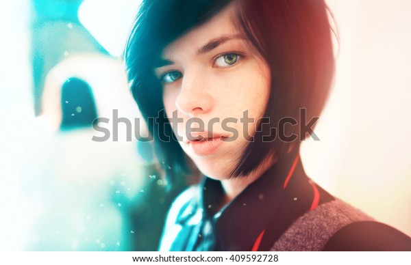 Portrait Girl Short Hair Mournful Look Stock Photo Edit Now