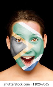 Portrait Of Girl With South African Flag Painted On Her Face