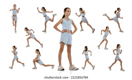 Portrait Of Girl, Teenager In Blue Sportswear Training, Running Isolated Over White Background. Concept Of Action, Sport, Healthy Life, Competition, Motion, Physical Activity. Copy Space For Ad