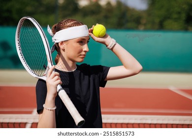 Portrait of a girl tennis player thinking and reasoning before hitting a tennis match, tennis game concept - Powered by Shutterstock