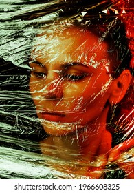 Portrait Of A Girl Through Cellophane, Stylish Colorful Photo